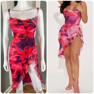 NWT New Fashion Nova She’s Electric Ruffle Pink Purple Asymmetrical Mini Dress M